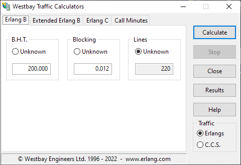 Westbay Traffic Calculators main window