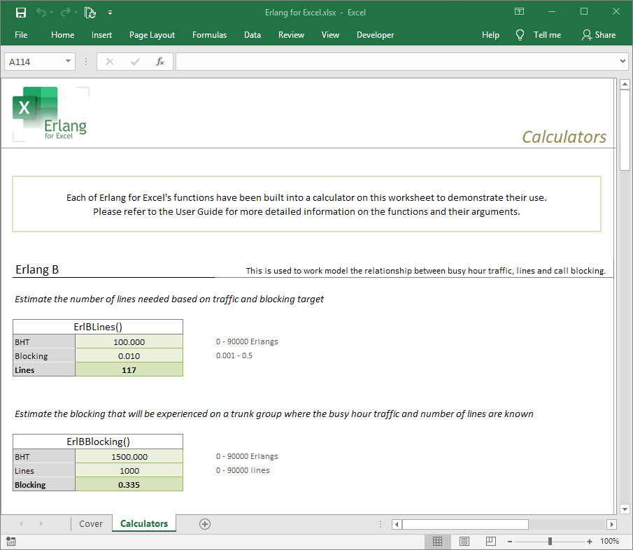 Erlang for Excel calculators