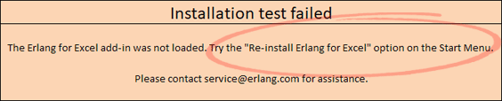 Erlang for Excel installation test failed